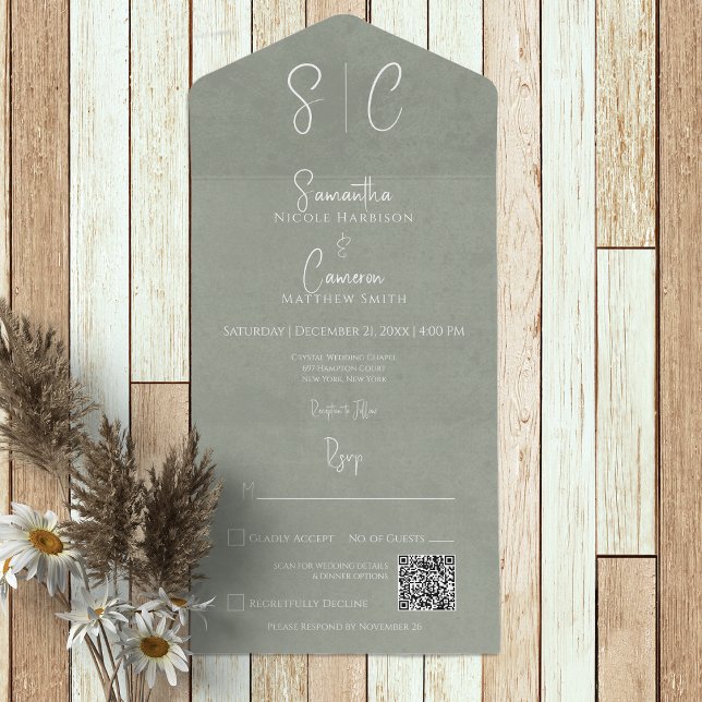 Modern Sage Green Minimal Monogram QR Code All In One Invitation (Creator Uploaded)