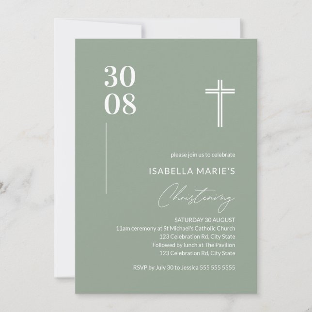 Modern Sage Green Minimalist Christening Invitation (Front)