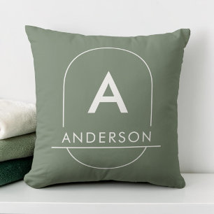 Modern Sage Green Minimalist Family Name Monogram Cushion