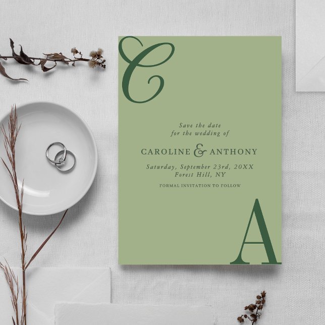 Modern Sage Green Minimalist Monogram Wedding Save The Date (Creator Uploaded)