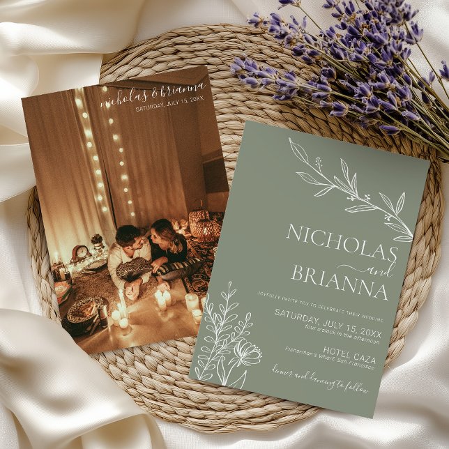 Modern Sage Green Minimalist Photo Boho Wedding Invitation (Creator Uploaded)
