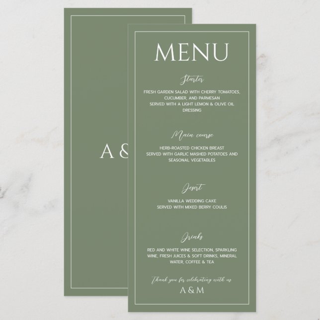 Modern sage green minimalist wedding menu (Front/Back)