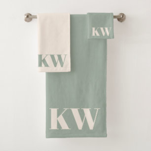Modern Sage Green Monogram Initials Personalised Bath Towel Set