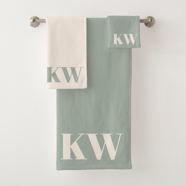 Modern Sage Green Monogram Initials Personalised Bath Towel Set (Insitu)