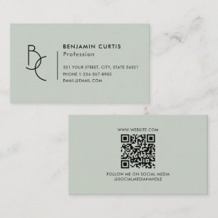 Modern Sage Green Monogram Minimalist QR Code Business Card