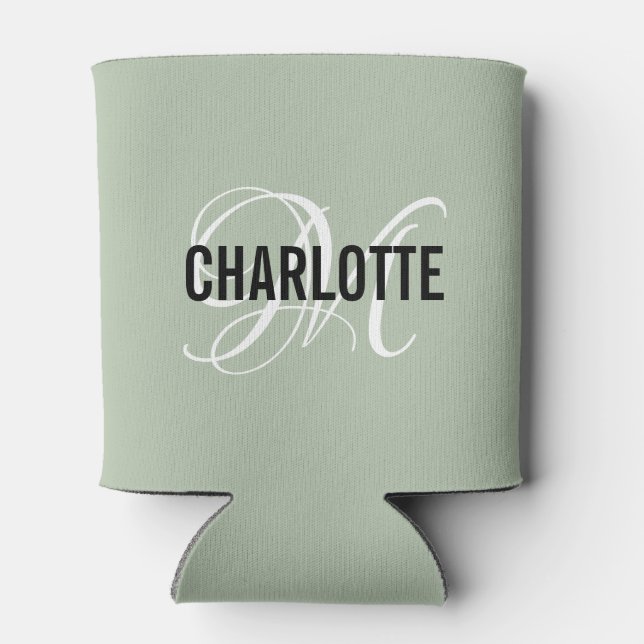 Modern sage green monogram name  can cooler (Back)