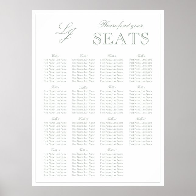 Modern Sage Green Monogram Script Wedding Seat Poster (Front)