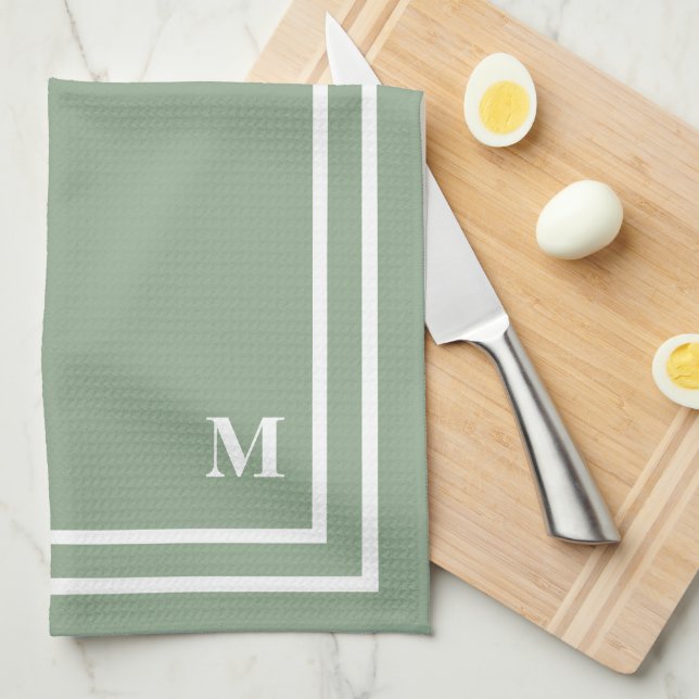 Modern Sage Green Monogram  Tea Towel (Quarter Fold)