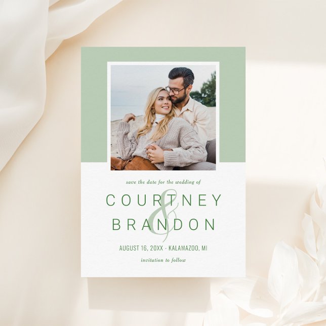 Modern Sage Green Monogram Wedding Photo Save The Date (Creator Uploaded)