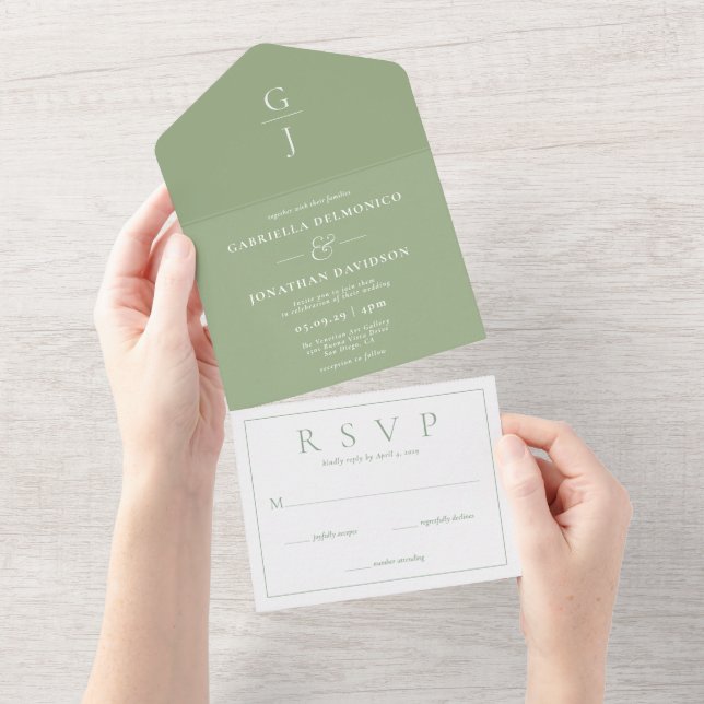 Modern Sage Green Monogram Wedding RSVP  All In One Invitation (Tearaway)