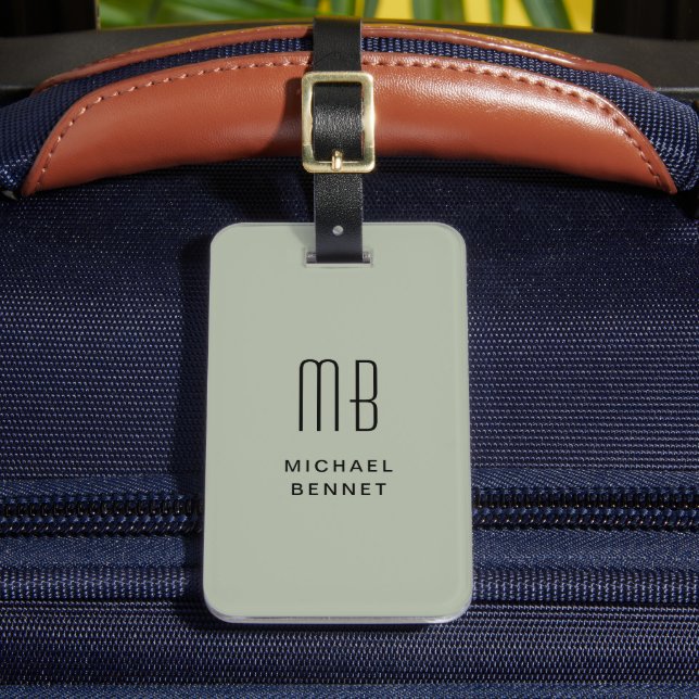 Modern Sage Green Monogrammed  Luggage Tag (Front Insitu 2)
