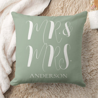 Modern Sage green Mr and Mrs Script Wedding Cushion