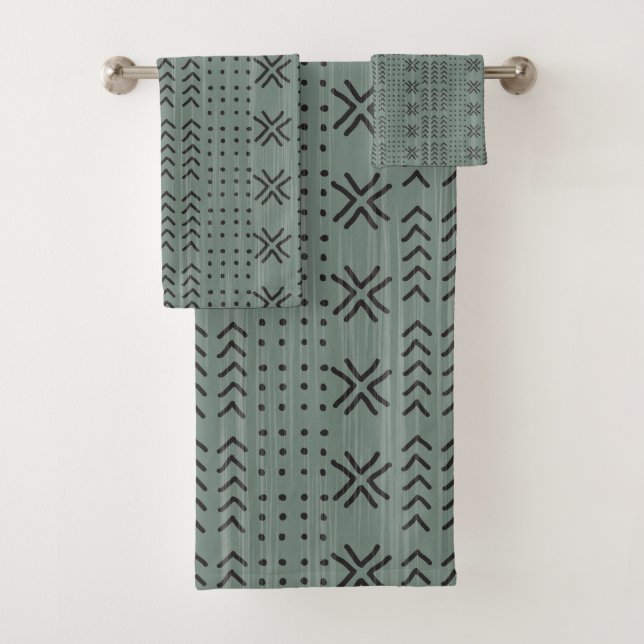 Modern Sage Green Mudcloth African Pattern Bath Towel Set (Insitu)