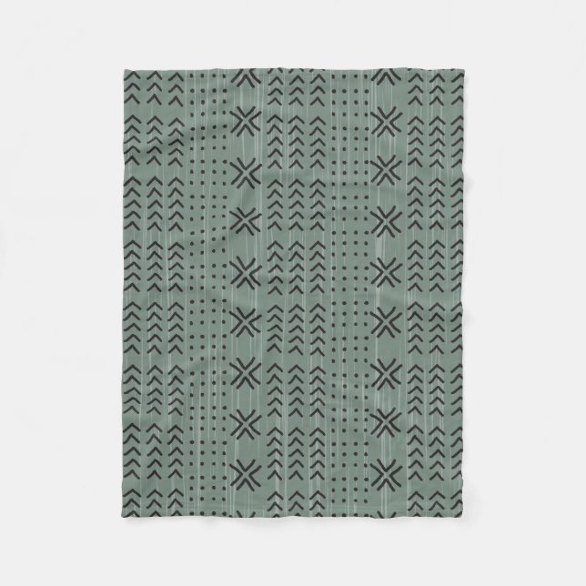 Modern Sage Green Mudcloth African Pattern Fleece Blanket (Front)