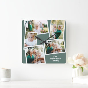 Modern sage green multi photo family home decor square wall clock