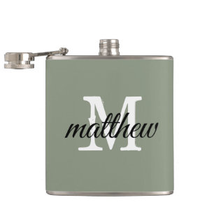 Modern Sage Green Name Monogram Personalized  Hip Flask