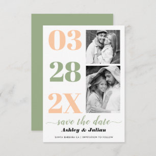 Modern sage green, peach typography two photo save the date