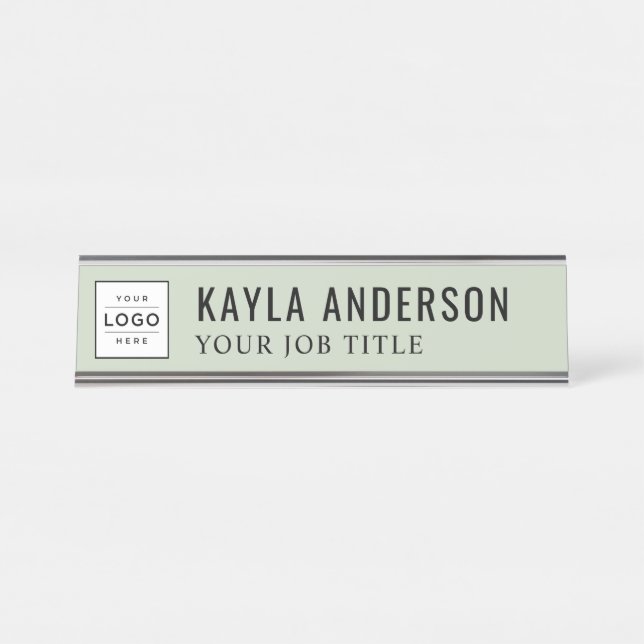 Modern Sage Green Personalised Business Logo Desk Name Plate (Front)