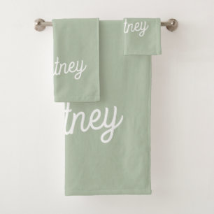 Modern Sage Green Personalised Monogram and Name Bath Towel Set