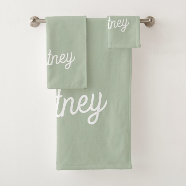 Modern Sage Green Personalised Monogram and Name  Bath Towel Set (Insitu)