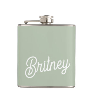 Modern Sage Green Personalised Monogram and Name  Hip Flask