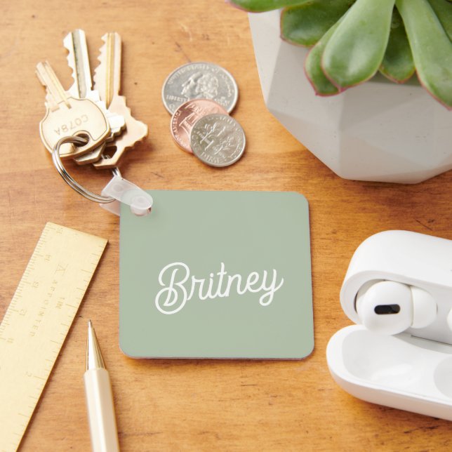 Modern Sage Green Personalised Monogram and Name  Key Ring (Desk)