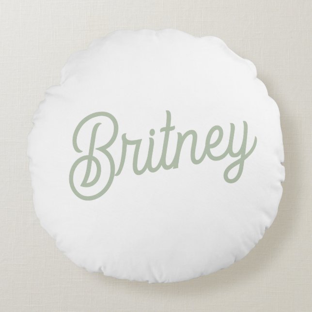 Modern Sage Green Personalised Monogram and Name  Round Cushion (Front)