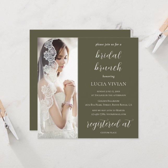 Modern Sage Green Photo Bridal Shower Brunch Invitation (Front/Back In Situ)