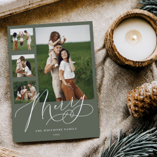 Modern Sage Green Photo Collage Christmas Card