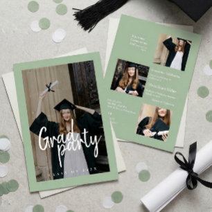Modern Sage Green Photo Collage Graduation Invitation