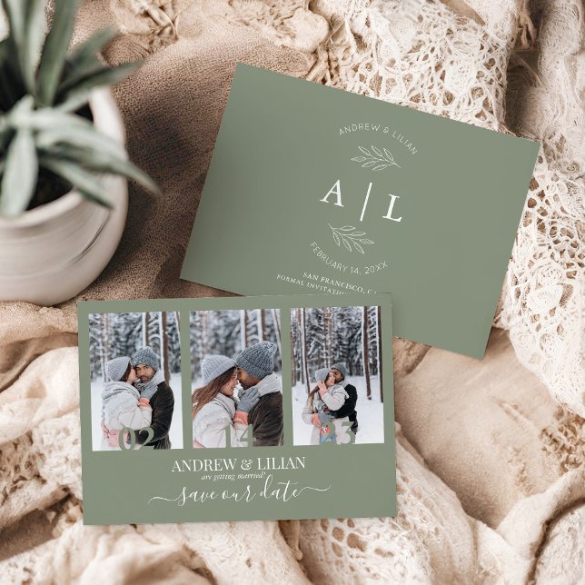 Modern Sage Green Photo Collage Monogram Wedding Save The Date (Creator Uploaded)
