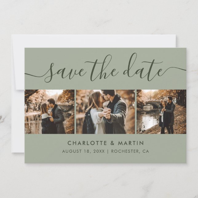 Modern Sage Green Photo Collage Save The Date (Front)