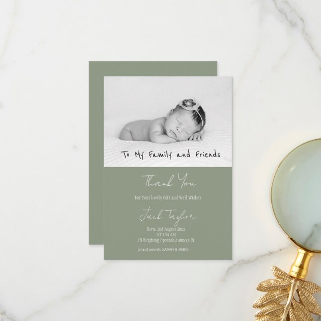 Modern Sage Green Photo Handwriting Baby Birth   Thank You Card (Front/Back In Situ)