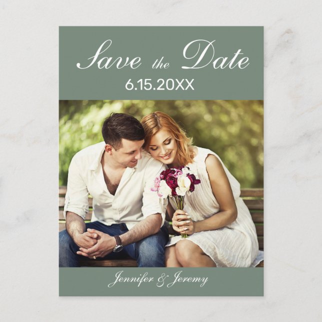 Modern Sage Green Photo Wedding Save the Date Announcement Postcard (Front)