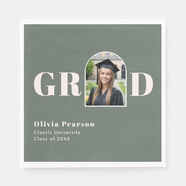 Modern Sage Green Pink Arch Photo Graduation Napkin (Front)