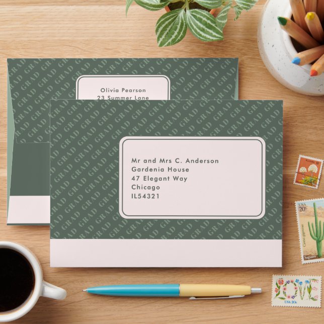 Modern Sage Green Pink Graduation Return Address Envelope (Desk)
