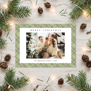 Modern Sage Green Plaid Family Photo Christmas Holiday Card