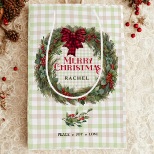 Modern Sage Green Plaid Farmhouse Christmas Wreath Medium Gift Bag