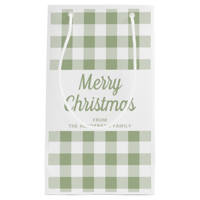 Modern Sage Green Plaid Merry Christmas  Small Gift Bag (Front)