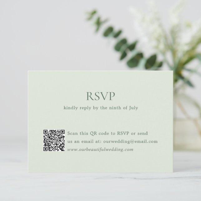 Modern Sage Green QR Code Elegant Wedding RSVP Card (Standing Front)
