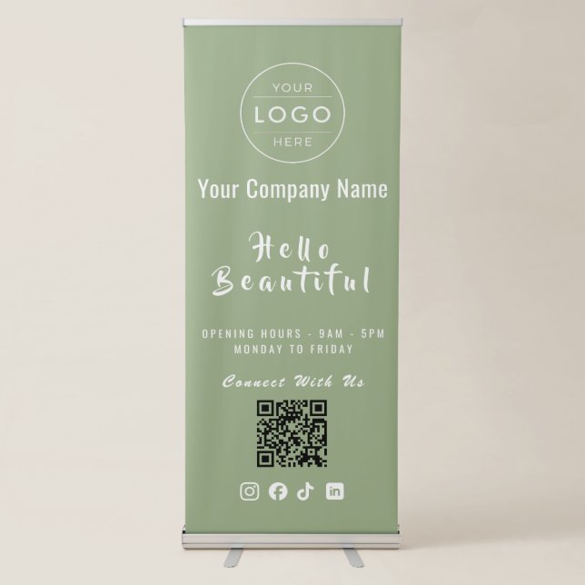 Modern Sage Green QR Code Florist Cafe Pop Up Sign (Front)