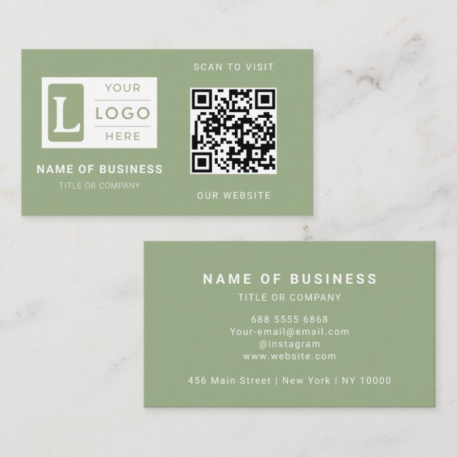 Modern Sage Green QR Code Minimalist Custom Logo Business Card (Front/Back)