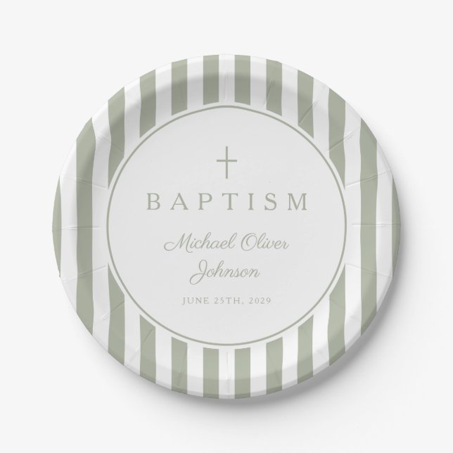 Modern Sage Green Religious Cross Baptism Paper Plate (Front)
