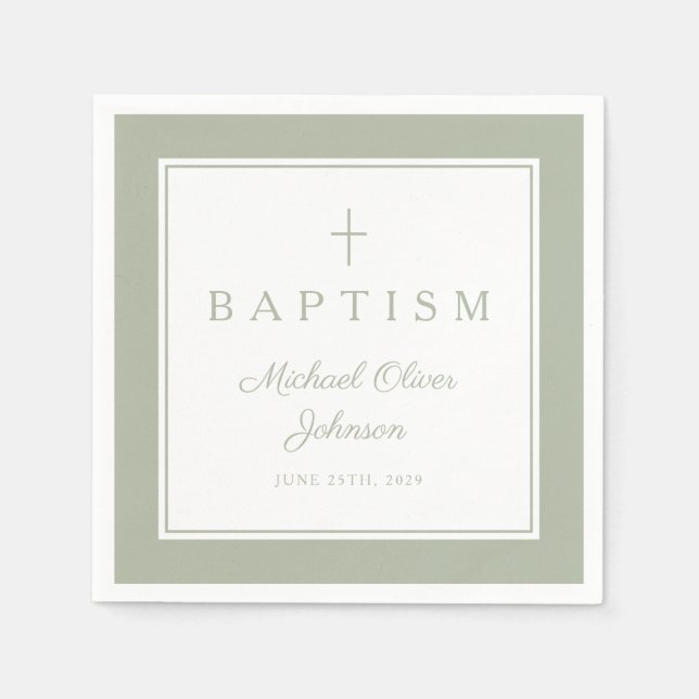 Modern Sage Green Religious Cross Boy Baptism Napkin (Front)