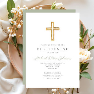 Modern Sage Green Religious Cross Christening Invitation