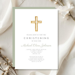 Modern Sage Green Religious Cross Christening    Invitation