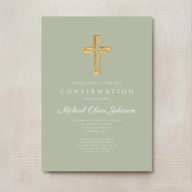 Modern Sage Green Religious Cross Confirmation Invitation (Modern Sage Green Religious Cross Confirmation Invitation)