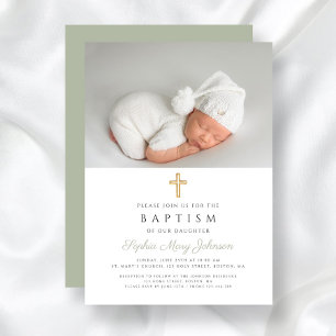 Modern Sage Green Religious Cross Photo Baptism Invitation