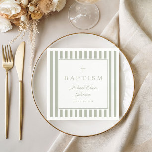 Modern Sage Green Religius Cross Boy Baptism Napkin