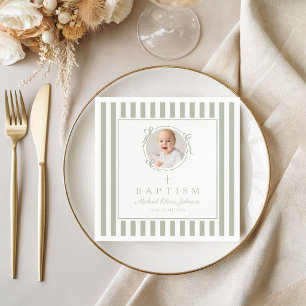 Modern Sage Green Religius Photo Boy Baptism Napkin